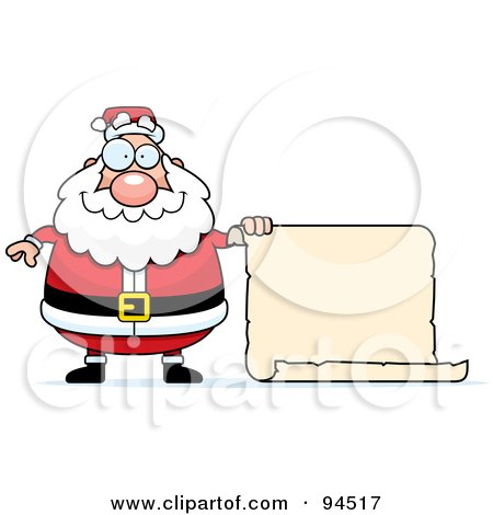 Royalty-Free (RF) Clipart Illustration of a Plump Santa Holding Out A Blank Scroll Sign by Cory Thoman