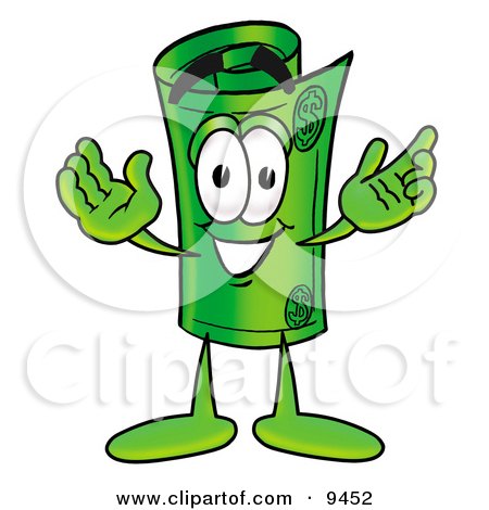 Clipart Picture of a Rolled Money Mascot Cartoon Character With Welcoming Open Arms by Mascot Junction