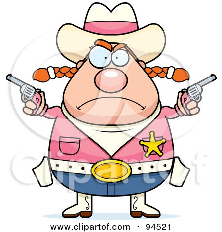 Royalty-Free (RF) Clipart Illustration of a Plump Angry Cowgirl Holding Up Guns by Cory Thoman