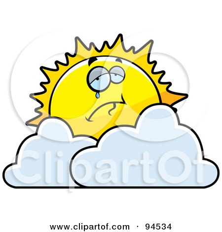 Royalty-Free (RF) Clipart Illustration of a Crying Sun Over Clouds by Cory Thoman