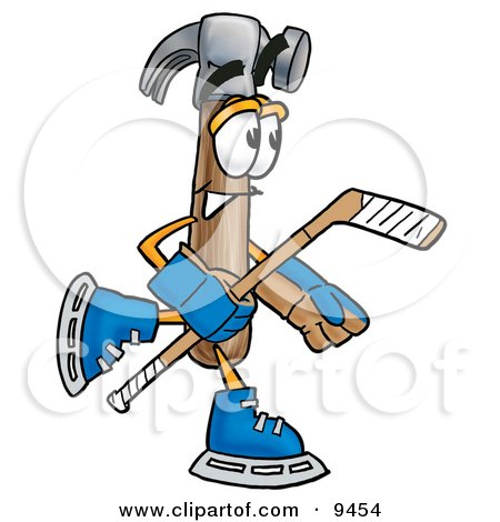 Clipart Picture of a Hammer Mascot Cartoon Character Playing Ice Hockey by Mascot Junction
