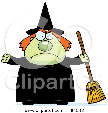 Royalty-Free (RF) Clipart Illustration of a Mad Plump Green Witch Holding A Broom by Cory Thoman