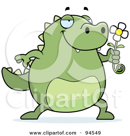 Royalty-Free (RF) Clipart Illustration of a Plump Green Lizard Smelling A Flower by Cory Thoman