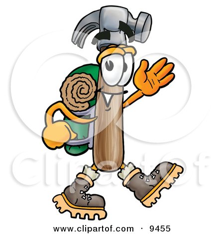 Clipart Picture of a Hammer Mascot Cartoon Character Hiking and Carrying a Backpack by Mascot Junction