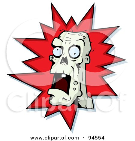 Royalty-Free (RF) Clipart Illustration of a Shocked Zombie Face Over A Red Burst by Cory Thoman