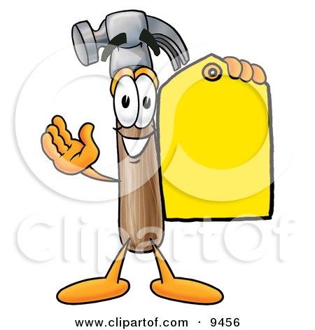 Clipart Picture of a Hammer Mascot Cartoon Character Holding a Yellow Sales Price Tag by Mascot Junction