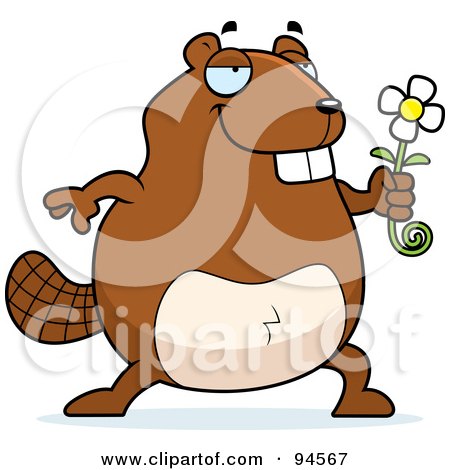 Royalty-Free (RF) Clipart Illustration of a Sweet Chubby Beaver Holding Out A Daisy Flower by Cory Thoman
