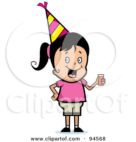 Royalty-Free (RF) Clipart Illustration of a Cute Birthday Girl Wearing A Hat And Holding Punch by Cory Thoman