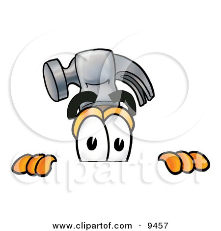 Clipart Picture of a Hammer Mascot Cartoon Character Peeking Over a Surface by Mascot Junction