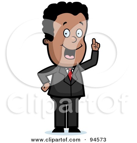 Royalty-Free (RF) Clipart Illustration of a Smart Black Businessman Expressing An Idea by Cory Thoman
