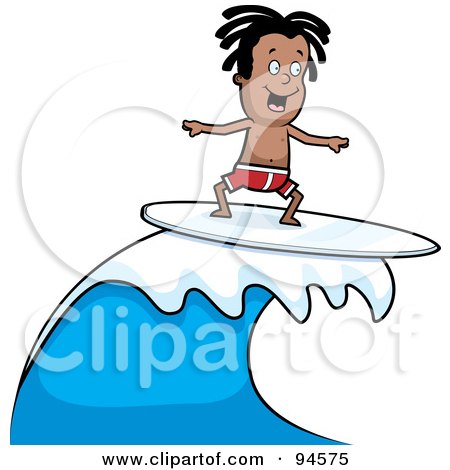 Royalty-Free (RF) Clipart Illustration of a Dark Skinned Surfer Dude Riding A Wave by Cory Thoman