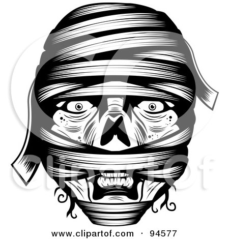 Royalty-Free (RF) Clipart Illustration of a Black And White Wrapped Mummy Face by Cory Thoman