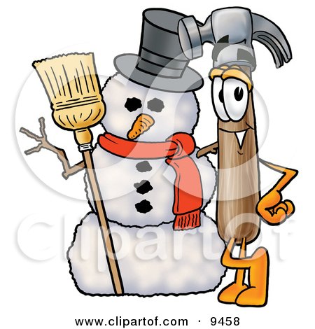 Clipart Picture of a Hammer Mascot Cartoon Character With a Snowman on Christmas by Mascot Junction
