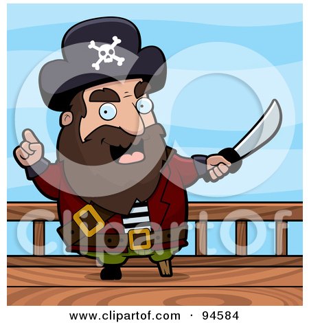 Royalty-Free (RF) Clipart Illustration of a Male Pirate Gesturing With A Sword On A Ship by Cory Thoman