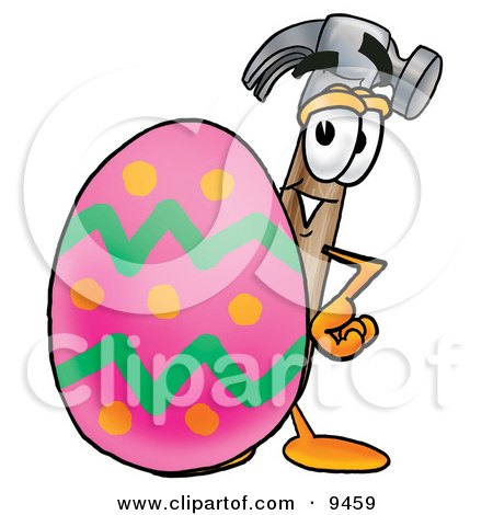 Clipart Picture of a Hammer Mascot Cartoon Character Standing Beside an Easter Egg by Mascot Junction