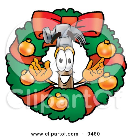 Clipart Picture of a Hammer Mascot Cartoon Character in the Center of a Christmas Wreath by Mascot Junction
