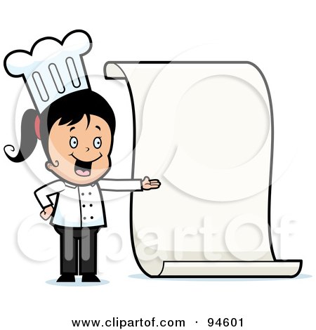 Royalty-Free (RF) Clipart Illustration of a Little Chef Girl Presenting A Blank Menu by Cory Thoman