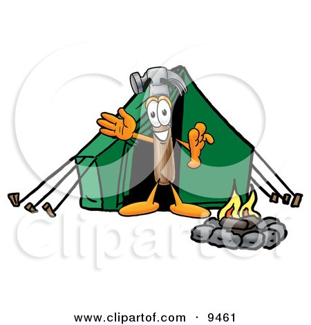 Clipart Picture of a Hammer Mascot Cartoon Character Camping With a Tent and Fire by Mascot Junction