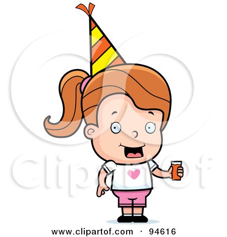 Royalty-Free (RF) Clipart Illustration of a Little Dirty Blond Girl Holding Punch And Wearing A Party Hat by Cory Thoman