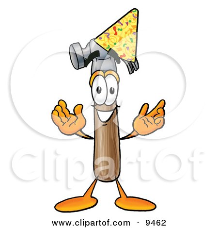 Clipart Picture of a Hammer Mascot Cartoon Character Wearing a Birthday Party Hat by Mascot Junction