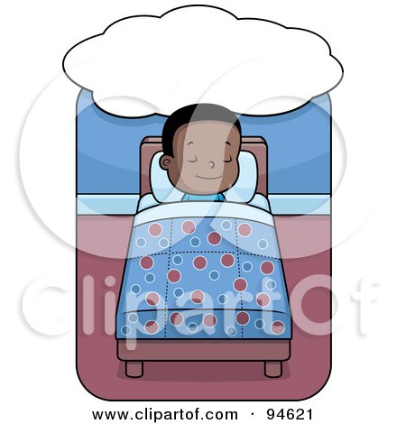 Royalty-Free (RF) Clipart Illustration of a Little Black Boy Dreaming And Sleeping In Bed by Cory Thoman