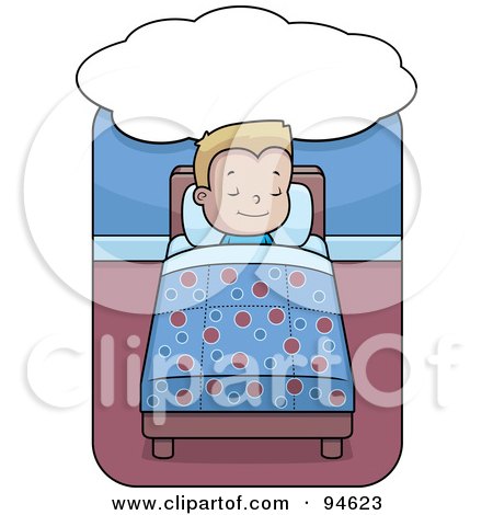 Royalty-Free (RF) Clipart Illustration of a Little Blond Boy Dreaming And Sleeping In Bed by Cory Thoman