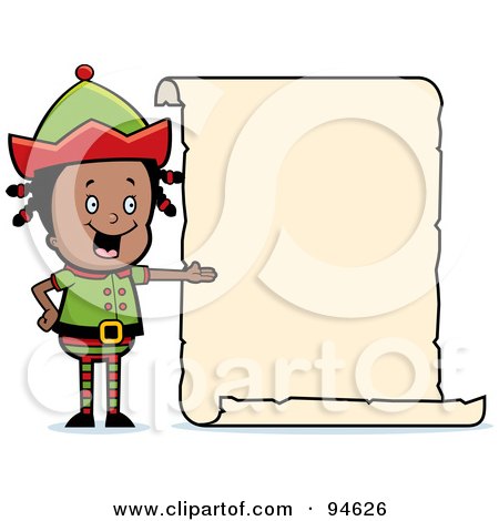Royalty-Free (RF) Clipart Illustration of a Black Girl Elf Presenting A Blank List by Cory Thoman