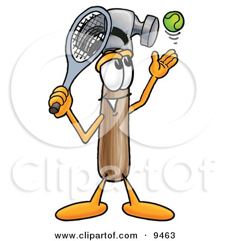 Clipart Picture of a Hammer Mascot Cartoon Character Preparing to Hit a Tennis Ball by Mascot Junction