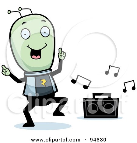 Royalty-Free (RF) Clipart Illustration of a Green Space Alien Dancing To Music by Cory Thoman