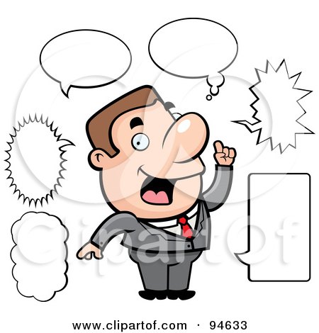 Royalty-Free (RF) Clipart Illustration of a Chatty Businessman With Different Talk Balloons by Cory Thoman
