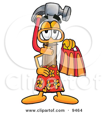 Clipart Picture of a Hammer Mascot Cartoon Character in Orange and Red Snorkel Gear by Mascot Junction