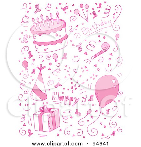 Royalty-Free (RF) Clipart Illustration of a Pink Birthday Collage Of Doodles by Cory Thoman
