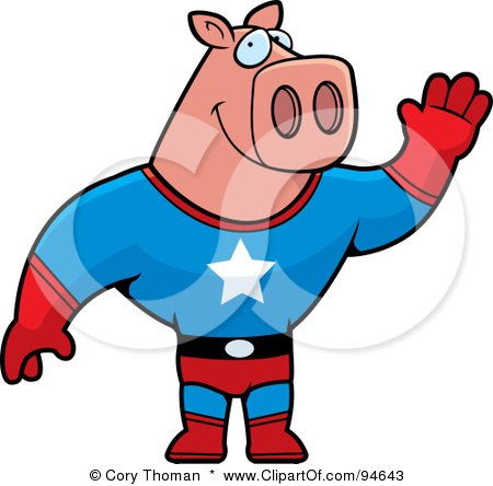 Royalty-Free (RF) Clipart Illustration of a Super Hero Pig Waving by Cory Thoman