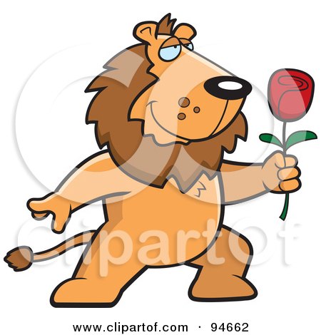 Royalty-Free (RF) Clipart Illustration of a Romantic Lion Presenting A Red Rose by Cory Thoman
