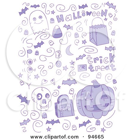Royalty-Free (RF) Clipart Illustration of a Collage Of Purple Halloween Doodles by Cory Thoman