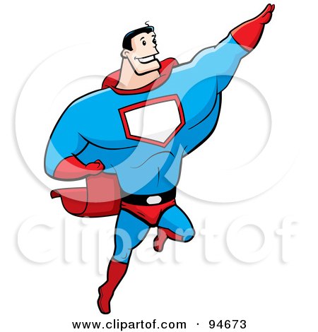 Royalty-Free (RF) Clipart Illustration of a Strong Super Hero Guy Flying by Cory Thoman