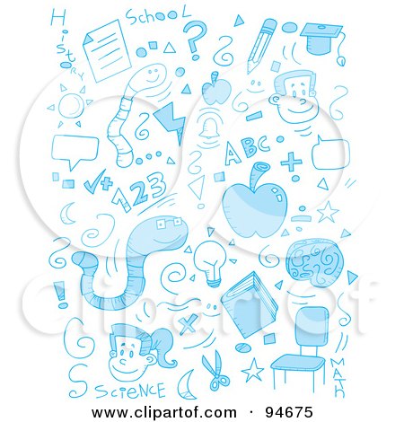 Royalty-Free (RF) Clipart Illustration of a Collage Of Blue School Doodles by Cory Thoman
