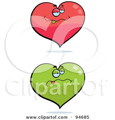 Royalty-Free (RF) Clipart Illustration of a Digital Collage Of Red And Green Drunk Hearts by Cory Thoman