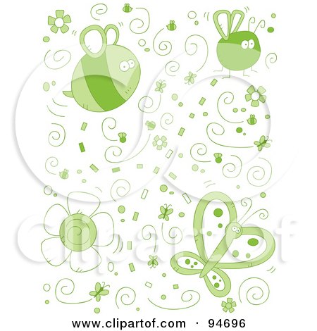 Royalty-Free (RF) Clipart Illustration of a Collage Of Green Doodled Bugs by Cory Thoman