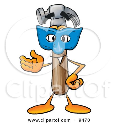 Clipart Picture of a Hammer Mascot Cartoon Character Wearing a Blue Mask Over His Face by Mascot Junction