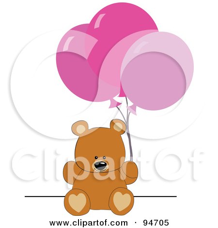 Royalty-Free (RF) Clipart Illustration of a Birthday Teddy Bear With Pink Party Balloons by peachidesigns