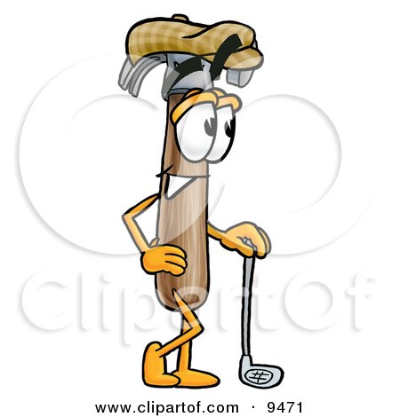 Clipart Picture of a Hammer Mascot Cartoon Character Leaning on a Golf Club While Golfing by Mascot Junction