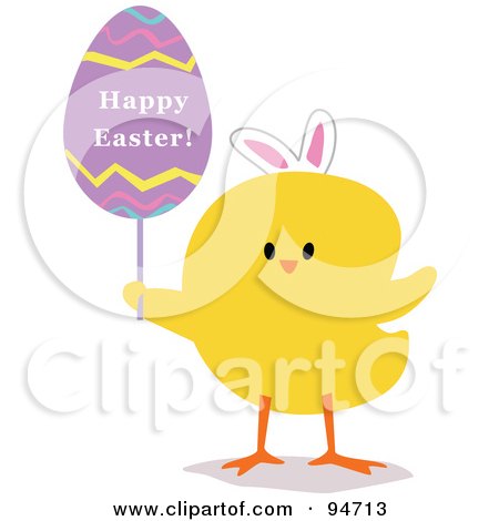 Royalty-Free (RF) Clipart Illustration of a Yellow Easter Chick Holding A Happy Easter Egg Sign by peachidesigns
