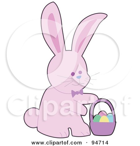 Royalty-Free (RF) Clipart Illustration of a Pink Easter Bunny With A Basket Of Eggs by peachidesigns
