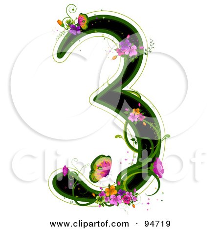 Royalty-Free (RF) Clipart Illustration of a Black Number 3, Outlined In Green, With Colorful Flowers And Butterflies by BNP Design Studio