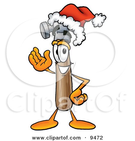 Clipart Picture of a Hammer Mascot Cartoon Character Wearing a Santa Hat and Waving by Mascot Junction
