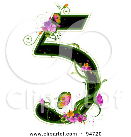 Royalty-Free (RF) Clipart Illustration of a Black Number 5, Outlined In Green, With Colorful Flowers And Butterflies by BNP Design Studio