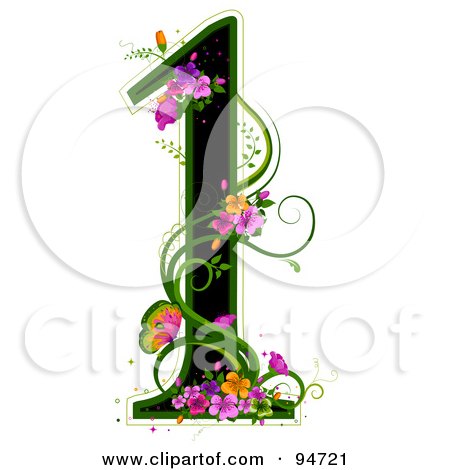 Royalty-Free (RF) Clipart Illustration of a Black Number 1, Outlined In Green, With Colorful Flowers And Butterflies by BNP Design Studio