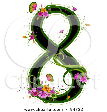 Royalty-Free (RF) Clipart Illustration of a Black Number 8, Outlined In Green, With Colorful Flowers And Butterflies by BNP Design Studio