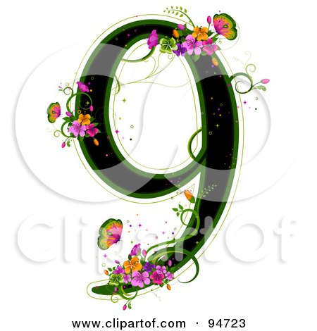 Royalty-Free (RF) Clipart Illustration of a Black Number 9, Outlined In Green, With Colorful Flowers And Butterflies by BNP Design Studio
